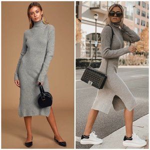 NWT Lulus Sheerah Ribbed Midi Length Sweater Dress Long Sleeve Fitted Gray